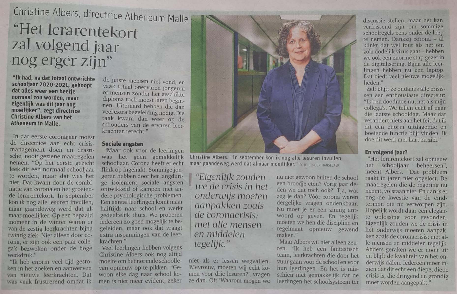 Atheneum Malle onze directeur in de krant